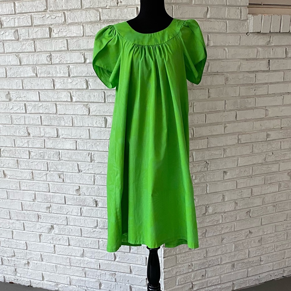 Vintage 80s Tropical Flutter Sleeve Hawaiian Lime Green Floral MuMu Summer Dress